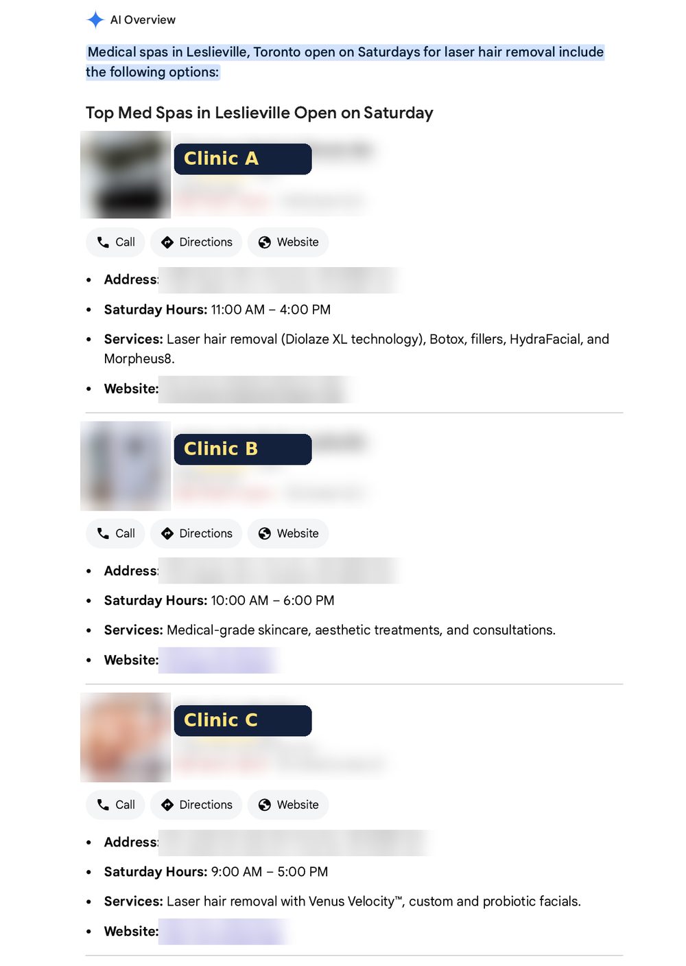 Google's AI Overview for the question above. It lists Leslieville med spas open on Saturday, with Saturday hours and services for each. Clinic names, photos, addresses, ratings and website links are blurred and labelled Clinic A, Clinic B and Clinic C.